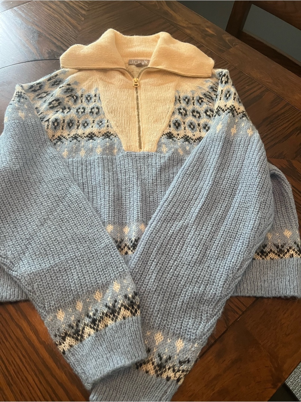 J.Crew Women’s M Blue Cream Black Fair Isle Collared 1/4 Zip Knit Pullover # 608